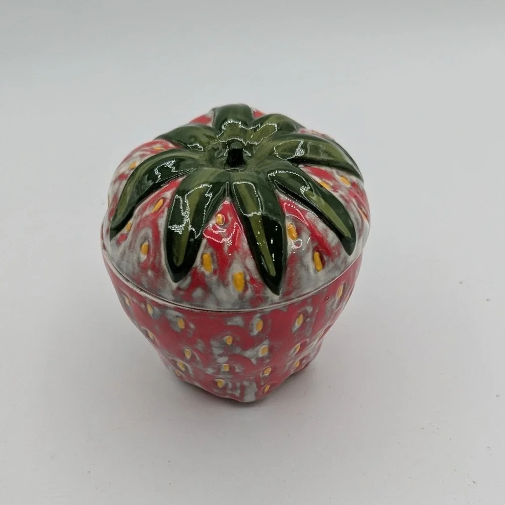 Vintage Signed Lana Ceramic Strawberry Jam Jar with Lid Red Fruit Sugar Bowl